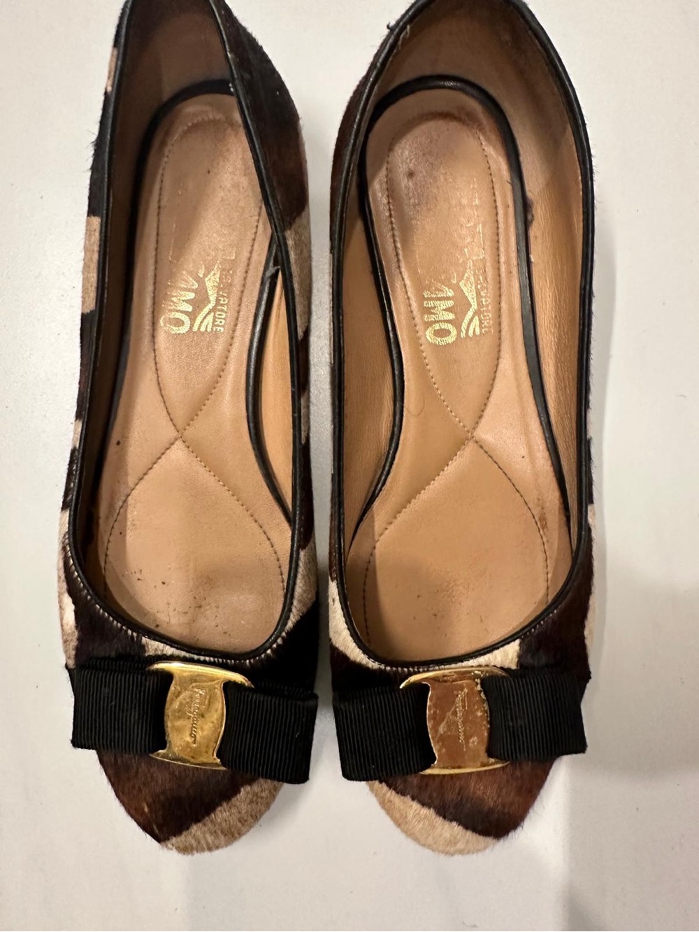 Salvatore Ferragamo Brown and Black Ponyhair Vara Bow Flats